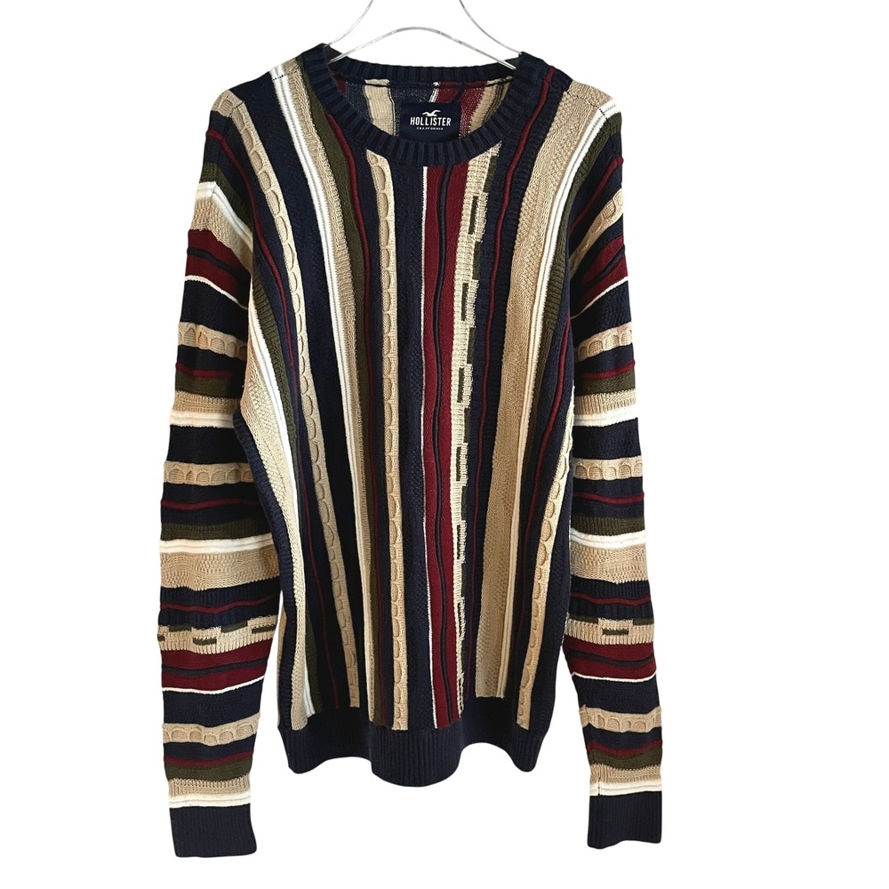 Hollister Mens 3D Knit Multi Color Striped Crewneck Sweater M 90's Retro Unisex